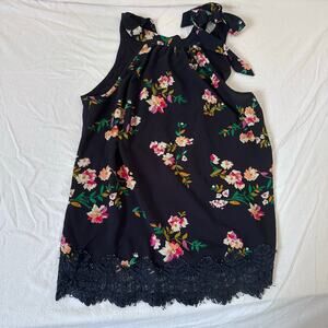 Janet Chung Shirt Womens 1X Blue Muli Floral Blouse Tie Casual Comfort Dress